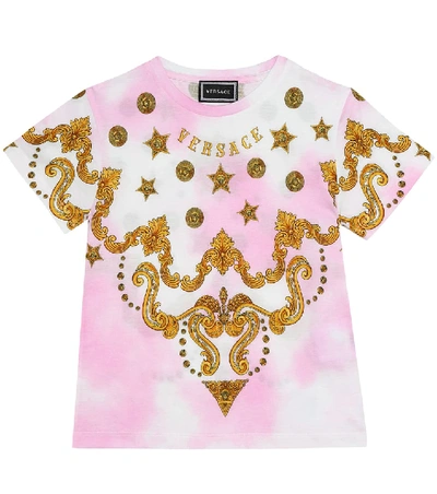 Versace Kids' Printed Tie-dye Cotton T-shirt In Pink