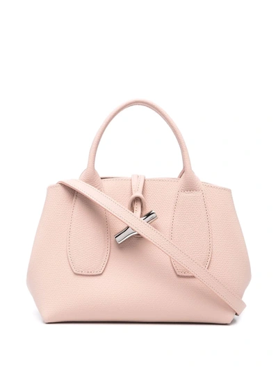 Longchamp Roseau 小号皮质手提包 In Pink