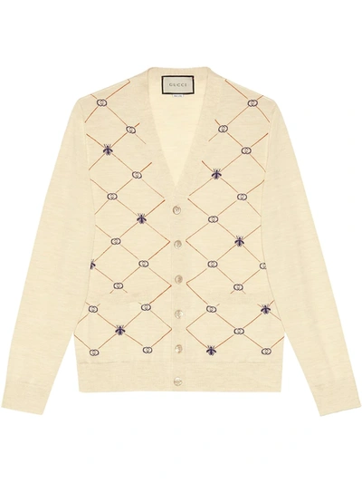 Gucci Bee-intarsia Cotton-knit Cardigan In White
