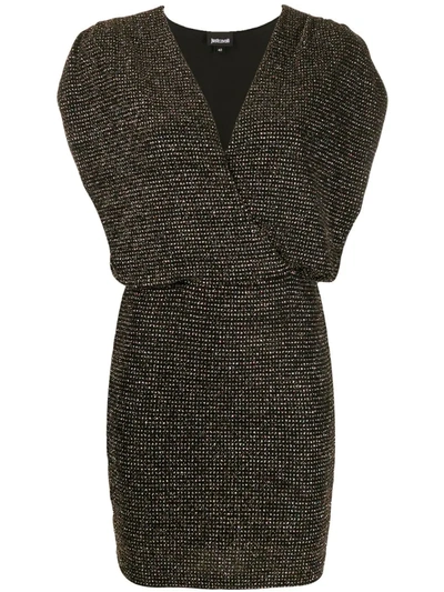 Just Cavalli Ruched-shoulder Glitter Mini Dress In Black