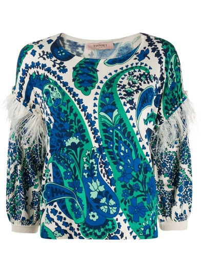 Twinset Feather Trim Knitted Top In Blue