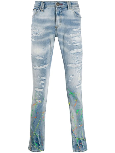 Philipp Plein Distressed Slim-fit Jeans In Blue