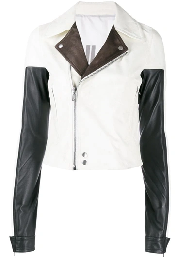 Rick Owens Color Block Leather Jacket W/zip Sleeves In White
