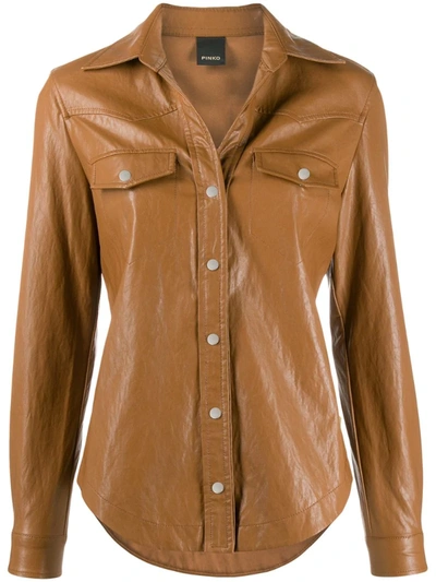 Pinko Faux-leather Slim-fit Shirt In Brown