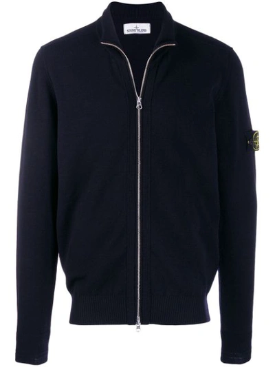 Stone Island Ribbed Knit Zip-up Jumper In Blue