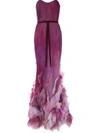 Marchesa Notte Strapless Ruffled Mermaid Gown In Purple