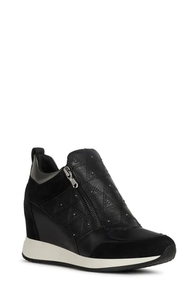 Geox Nydame Wedge Sneaker In Black Leather