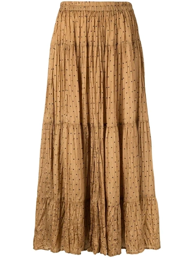 Mes Demoiselles Bronislava Polka-dot Pleated Silk Midi Skirt In Brown