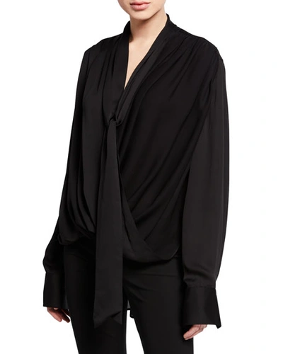 Derek Lam Oversized Long-sleeve Draped Wrap Neck Blouse In Black