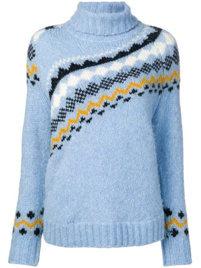 Derek Lam 10 Crosby Diagonal Fair Isle Turtleneck Sweater In Blue-lt