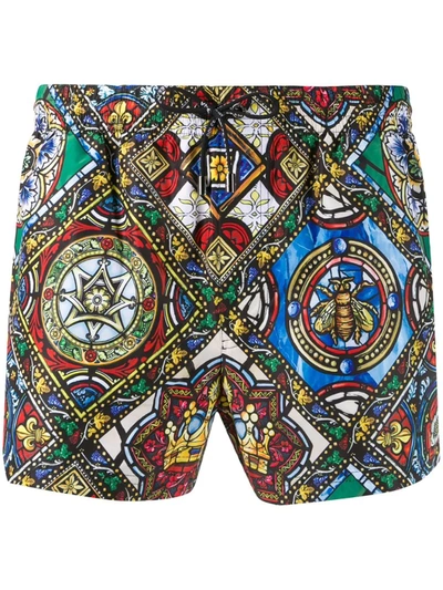 Dolce & Gabbana Stained-glass Print Swim Shorts In Green