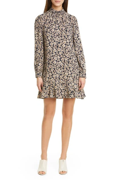 Rebecca Taylor Giselle Floral Long Sleeve Shift Minidress In Navy/ Citron