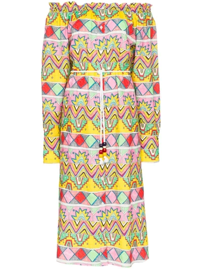 Mira Mikati Ribbon Print Open Neck Shirt Dress In White