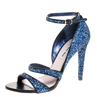 Pre-owned Miu Miu Metallic Blue Coarse Glitter Ankle Strap Sandals Size 38.5