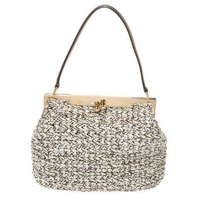 Pre-owned Dolce & Gabbana White/dark Gold Raffia And Leather Sara Satchel