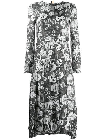 Thom Browne Floral-print Pleated Dress In Grey