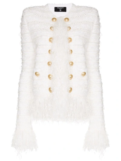 Balmain Cropped Tweed Jacket W/fringe Details In White