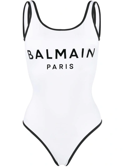 Balmain Logo Print Lycra One Piece Swimsuit In White