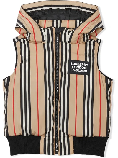 Burberry Kids' Leroy Stripe Down Hooded Vest In Beige