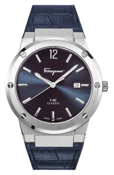 Ferragamo F-80 Croc Embossed Leather Strap Watch, 41mm In Blue/ Silver