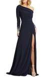 Mac Duggal Long-sleeve Beaded Cuff Asymmetric Jersey Wrap Gown In Charcoal