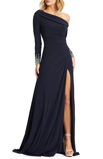 Mac Duggal Long-sleeve Beaded Cuff Asymmetric Jersey Wrap Gown In Midnight