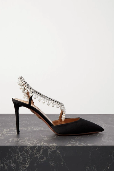 Aquazzura Exquisite 85 水晶人造珍珠缀饰罗缎露跟高跟鞋 In Black