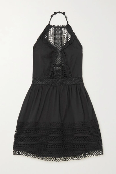 Charo Ruiz Andrea Crocheted Lace-paneled Cotton-blend Mini Dress In Black
