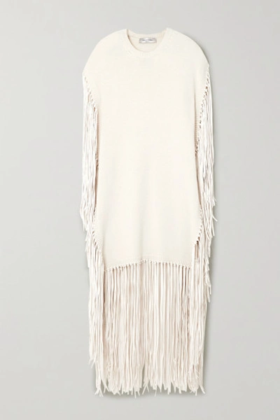 Valentino Fringed Leather-trimmed Wool And Cashmere-blend Poncho In Ivory