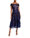 Tadashi Shoji Off-the-shoulder Cap-sleeve Lace Midi Dress In Navy/nude