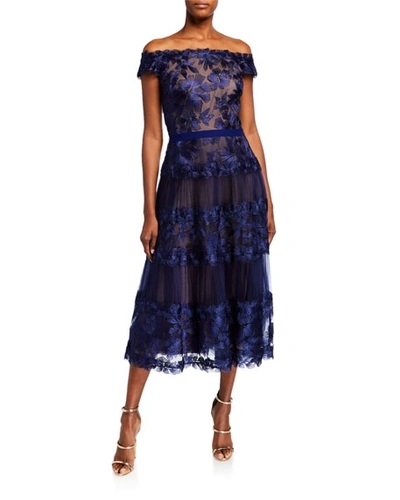 Tadashi Shoji Off-the-shoulder Cap-sleeve Lace Midi Dress In Navy/nude