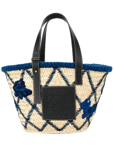 Loewe Medium Animal-embroidered Raffia Basket Bag In Blue