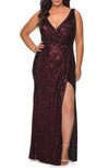La Femme Sequin Faux Wrap Gown In Wine