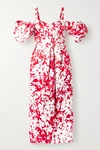 Rosie Assoulin Pleated Cold-shoulder Floral-print Silk-taffeta Midi Dress In Serrano Red