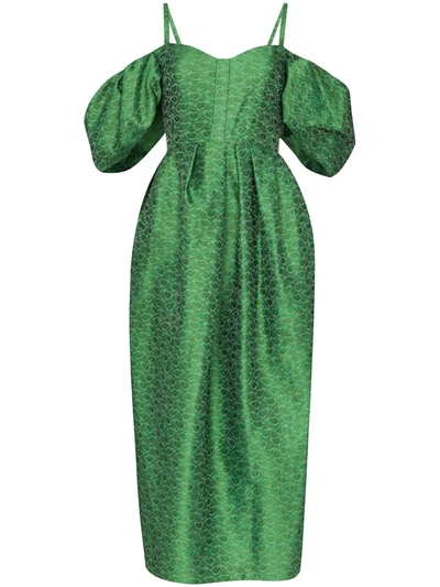 Rosie Assoulin Pleated Cold-shoulder Brocade Midi Dress In Jade