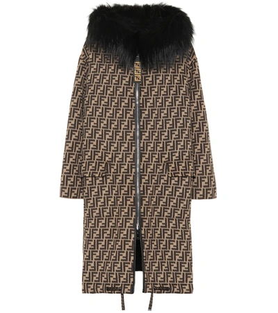 Fendi Reversible Ff Logo Wool & Silk Coat With Genuine Fox Fur Trim In Brown