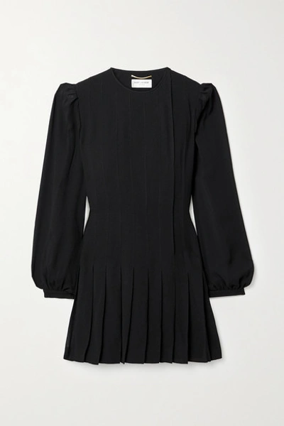 Saint Laurent Long Sleeve Pleated Crepe Shift Dress In Black