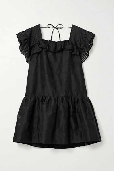 Pushbutton Ruffled Cotton And Silk-blend Jacquard Dress In Black