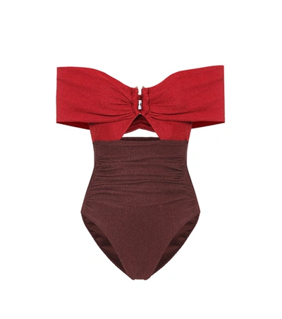 Self-portrait Self Portrait Off-the-shoulder U-cup Texture Swimsuit In Burgundy