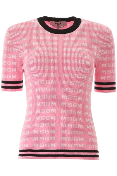 Msgm Monogram Short-sleeved Jumper In Pink,white,black