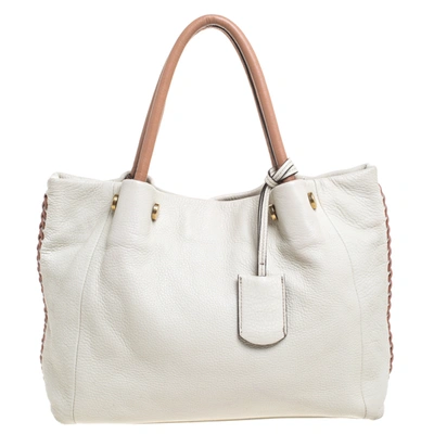 Pre-owned Furla Off White Leather Braided Side Medium Tote