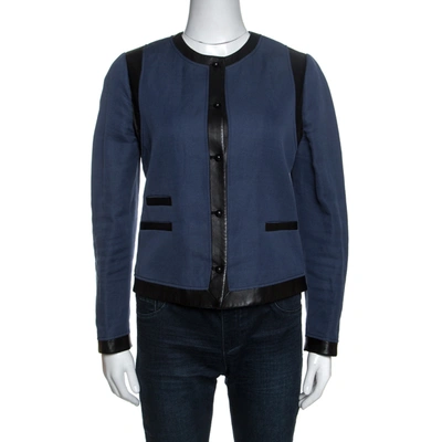 Pre-owned Joseph Bicolor Cotton Leather Trimmed Jacket M In Navy Blue