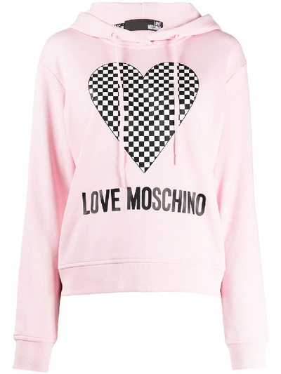 Love Moschino Checkered Heart-print Hooded Sweatshirt In Pink