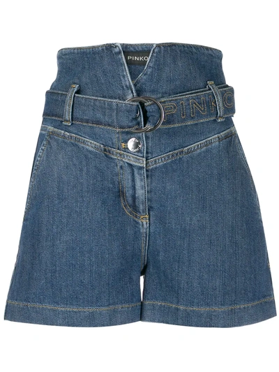 Pinko High-rise Belted Denim Shorts In Blue