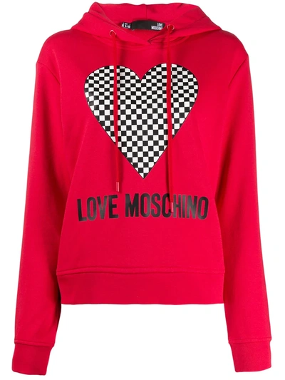 Love Moschino Checkered Heart-print Hooded Sweatshirt In Red