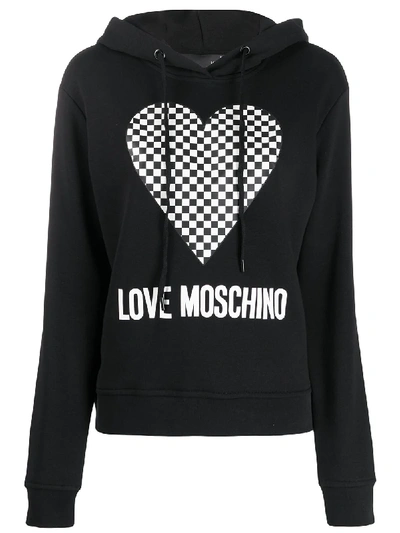 Love Moschino Checkered Heart-print Hooded Sweatshirt In Black