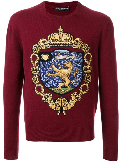 Dolce & Gabbana Crew Neck Jumper In Inlaid Cashmere With Embroidery In Red
