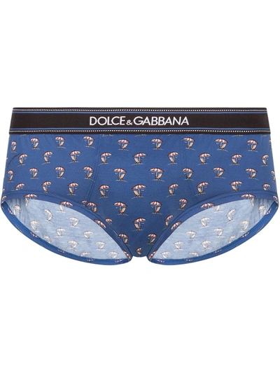 Dolce & Gabbana Cotton Brando Briefs With Sunlounger And Parasol Print In Blue