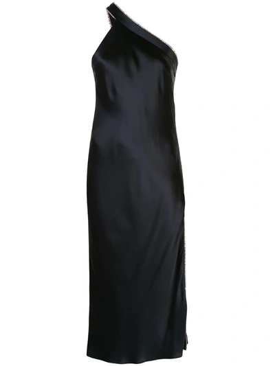 Michelle Mason One-shoulder Crystal-embellished Silk-satin Gown In Black