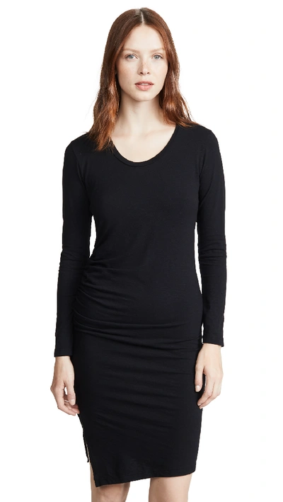 Sundry Ruched Long-sleeve Scoop-neck Dress In Black